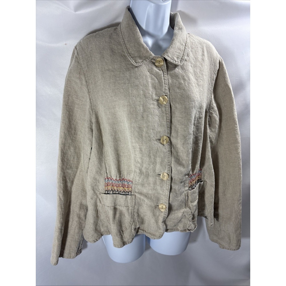 J. Jill Linen Embroidered Blazer Jacket Womens L Beige Smocked Cinched Back Boho